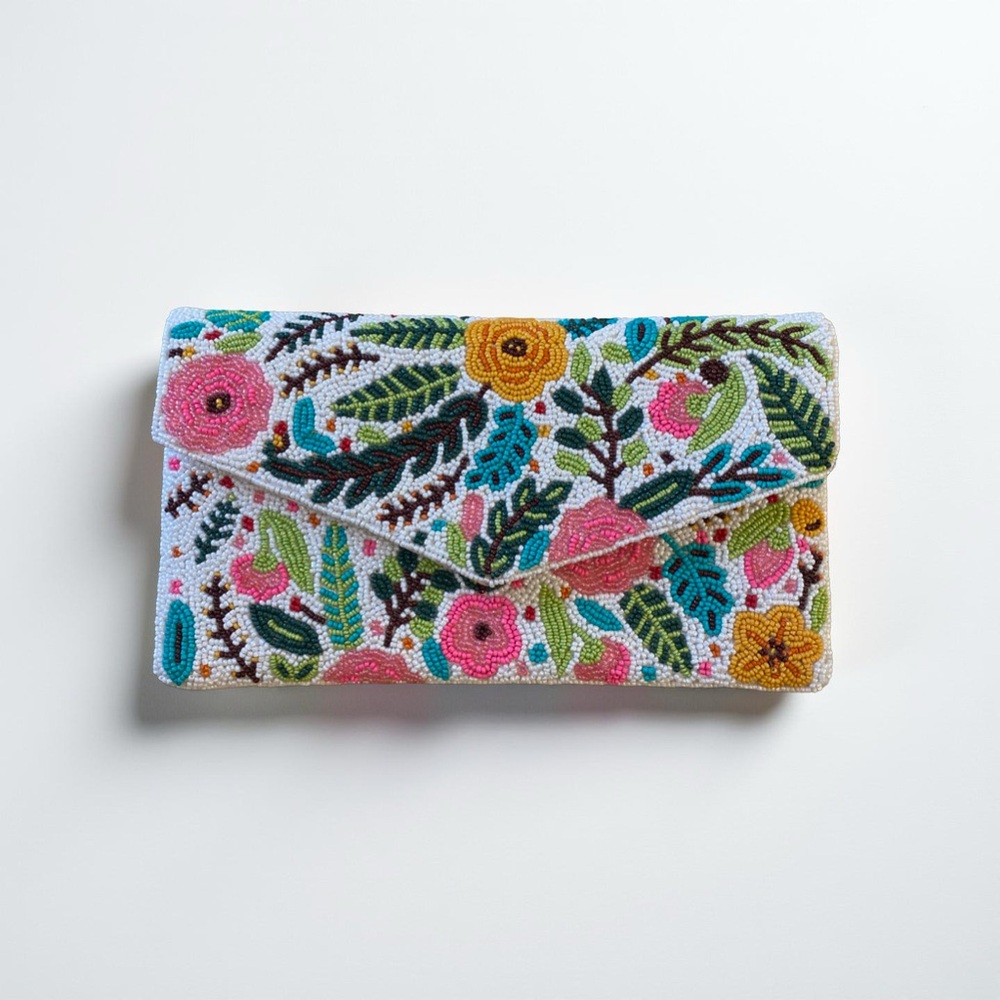 New Floral beaded envelope clutch with silver chain strap, teal, gold, pink